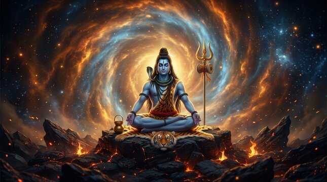Lord Shiva in deep cosmic meditation with a fiery galactic background and divine aura.