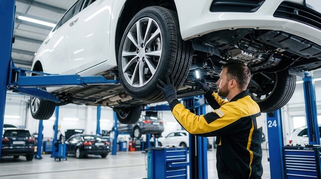 An auto mechanic inspecting a vehicle under a raised car in a modern automotive service garage.