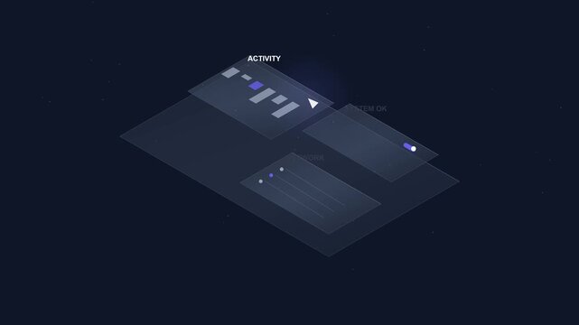 Isometric hud user interface with floating panels and charts on dark background