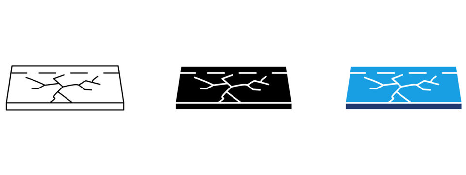 Cracked road icon set featuring fractured asphalt surface and broken pavement. Symbol of earthquake damage, road cracks, street maintenance, highway repair, and infrastructure hazard.