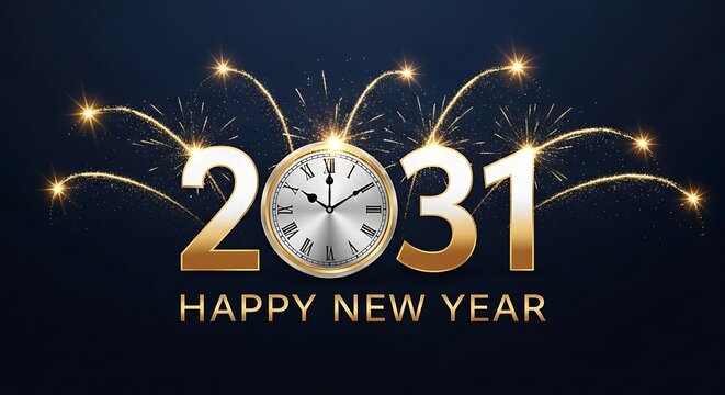 Happy new year 2031 greeting card design with golden numbers and clock face celebration fireworks background midnight
