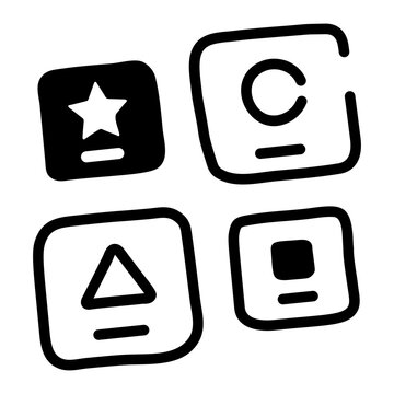 Hand-drawn doodle of four square category symbols, representing task categories, sorting, classification, planning, and a clear, organized workflow.