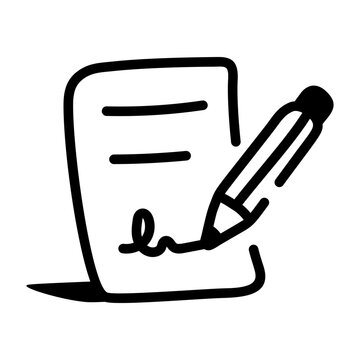 Hand-drawn doodle of a document with a pencil, representing task revision, editing, updating, review, planning, aan nd an organized productive workflow.
