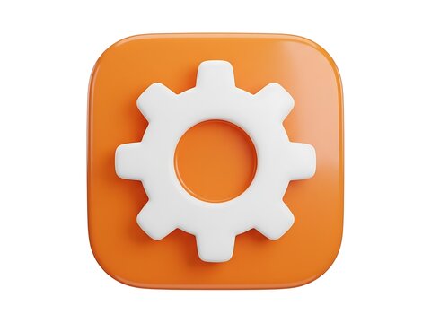 A glossy three dimensional white gear icon on an orange rounded square base