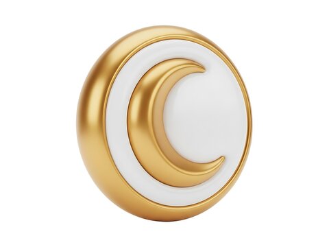 A polished golden crescent moon emblem centered on a clean white circular disc