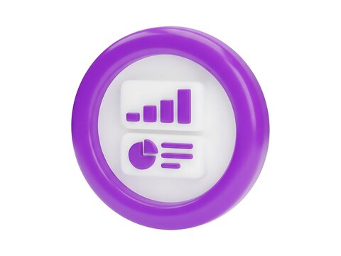 A 3d icon depicting business charts and data analysis on a purple background