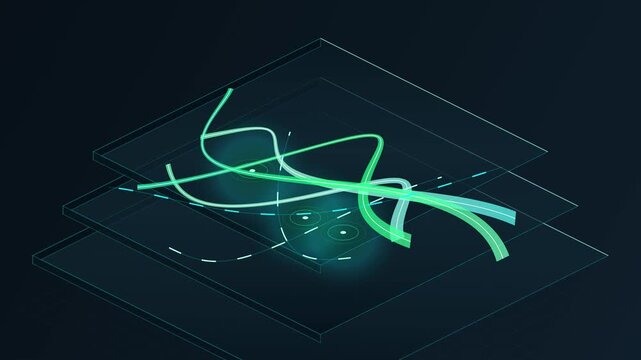 Abstract 3D isometric data visualization with glowing green curves and interface grids