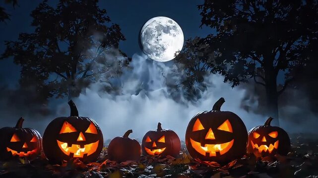 Spooky Halloween Pumpkins Glowing Under a Full Moon in a Misty Forest at Night