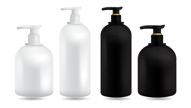 Four empty pump bottles for lotion or soap on a transparent background