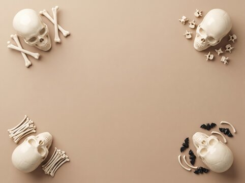 Halloween background with human skulls, bones, and decorative bats arranged in corners on a beige surface with copy space for text