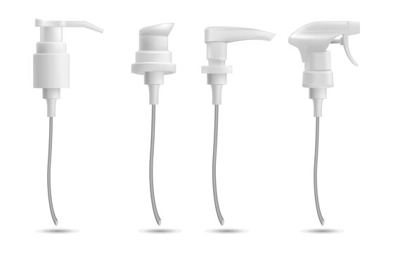 Four white plastic spray and pump nozzles on transparent background