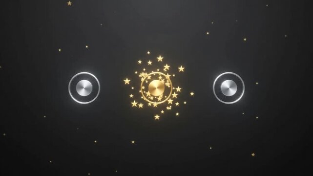 3D metallic rings with bursting golden star particles on black