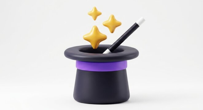Magic hat with wand and floating stars 3d render for entertainment and fantasy design.