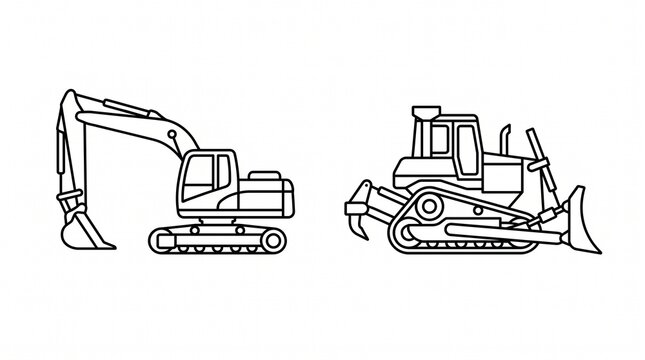 Excavator and bulldozer heavy construction machinery black and white line art vector icons.