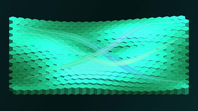 Abstract 3D green hexagon grid shifting with glowing light waves