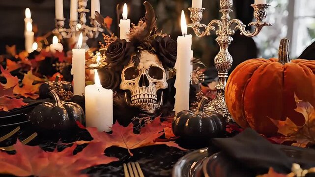 Gothic Halloween Table Decor Featuring A Creepy Human Skull Centerpiece With Glowing Candles And Autumnal Maple Leaves For A Spooky Festive Feast