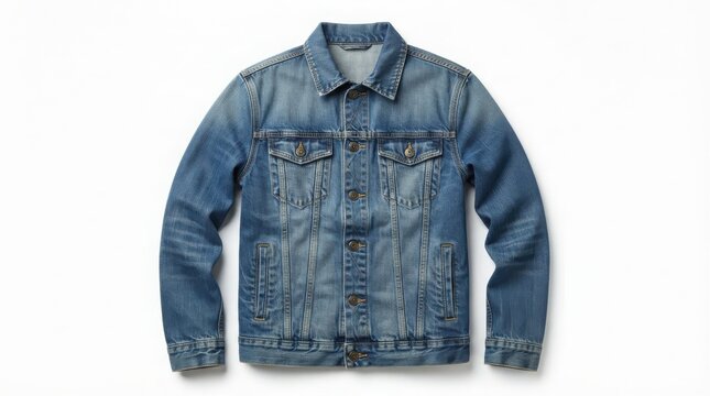 Vintage blue denim jacket, classic faded jean coat with metal buttons, rugged cotton outerwear for casual fashion apparel isolated on White Background