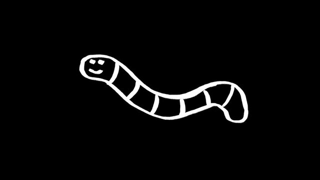 worm hand drawn animation, earthworm caterpillar maggot larvae bug insect, animated illustration motion design cute doodle icon clip art outline black isolated