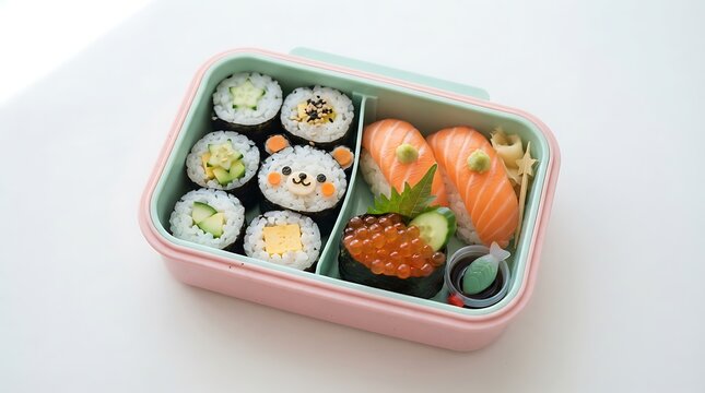 Bento lunch box with assorted sushi maki rolls nigiri and salmon on white background japanese food asian food contain