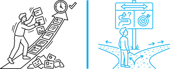 Fototapeta premium Line art illustration of time management and decision making for business productivity and strategic planning