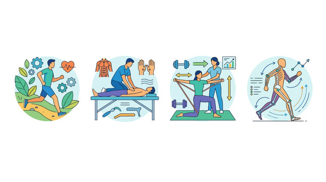 Rehabilitation vector banners featuring running runner, chiropractic massage, resistance band stretching, and human skeletal movement analysis.