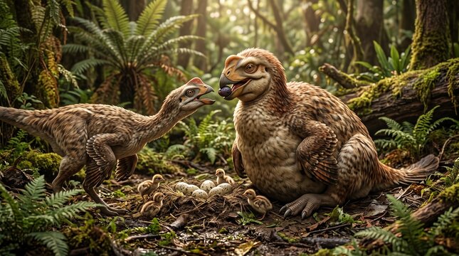 Dinosaurs in lush prehistoric forest with baby dinosaurs hatching