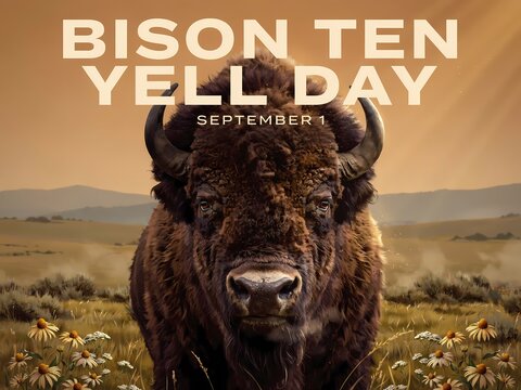 Bison ten yell day poster featuring a large wild buffalo in a scenic prairie field on september 1
