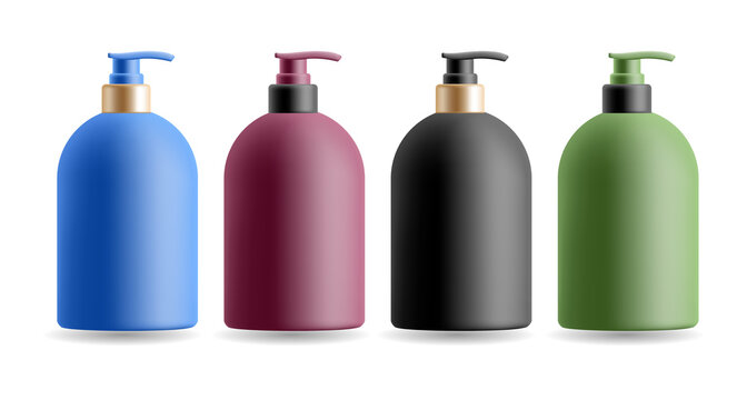 Four colorful bottles of shampoo or lotion products available on transparent background