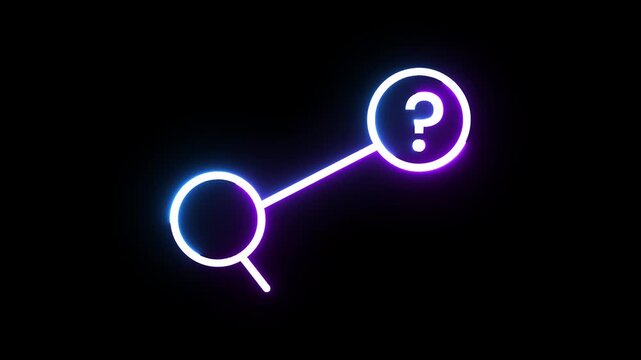 Neon magnifying glass linked to question mark icon glows on black background motion clip.