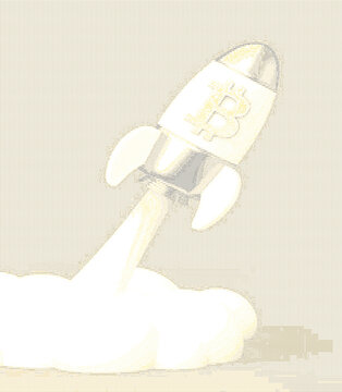 Bitcoin rocket launching up with smoke clouds on light background crypto growth