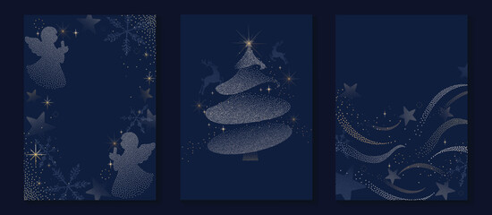Fototapeta premium Merry Christmas and Happy New Year background set. Luxury navy blue vector templates with angels, sparkling Christmas tree, stars and festive decorations with copy space for holiday greetings.