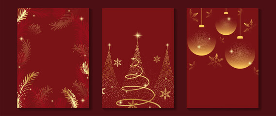 Naklejka premium Merry Christmas and Happy New Year background set. Luxury red and gold vector templates with pine branches, sparkling Christmas trees and hanging ornaments with copy space for holiday greetings.