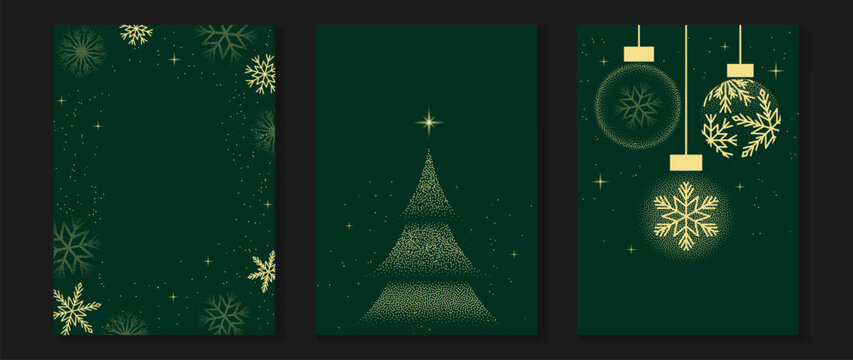 Luxury Christmas background set vector with elegant gold ornaments, sparkling stars, snowflakes and festive trees on deep emerald green. Holiday decoration template with copy space.