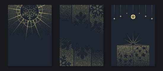 Naklejka premium Merry Christmas and Happy New Year background set. Luxury navy blue vector templates with golden snowflakes, sparkling decorations and gift box, featuring spacious copy space for holiday greetings.