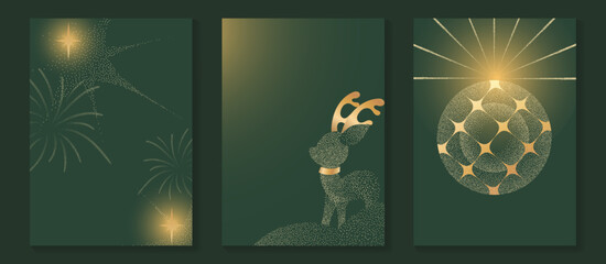 Naklejka premium Luxury Christmas background set vector with golden reindeer, glowing ornament, sparkling stars and festive light effects on deep green. Elegant holiday templates with copy space for greetings and text