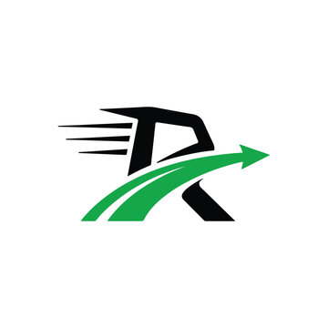 Stylized R Logo With Green Speed Arrow.