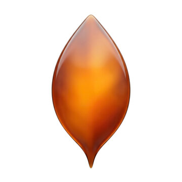 Ilustraci&oacute;n tridimensional de una hoja brillante de color naranja y &aacute;mbar transl&uacute;cido, que asemeja una gota de resina o aceite esencial sobre fondo blanco.