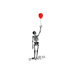 Minimal skeleton holding a red balloon illustration. © riiicil