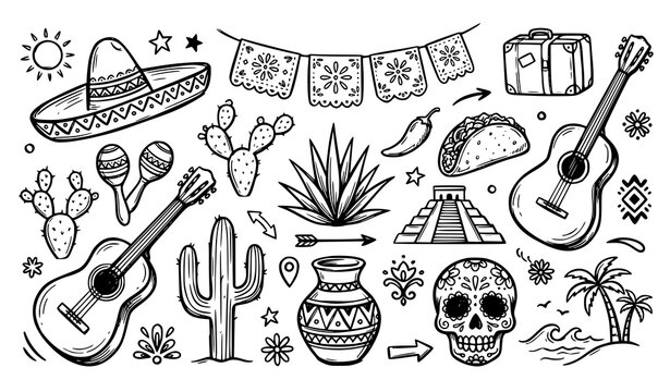 Mexican Fiesta Hand Drawn Doodle Elements Set Featuring Sombrero Guitar Cactus Tacos Sugar Skull Vector Illustration