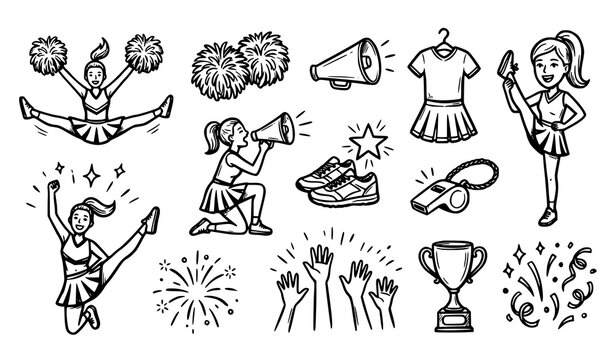 Hand Drawn Cheerleading Line Art Doodle Icons Set With Cheerleaders Megaphone Uniform Trophy And Dance Elements