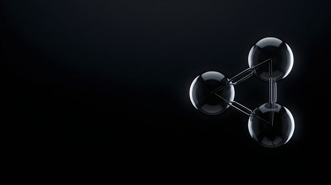 3D molecular structure model of carbon atoms with glossy black spheres and metallic bonds