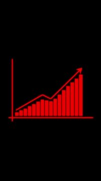 Red bar graph with rising arrow showing financial growth and business success data analysis