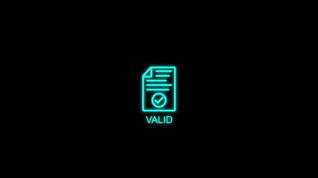 Neon valid document animation, digital approval and success symbol for business interface glowing