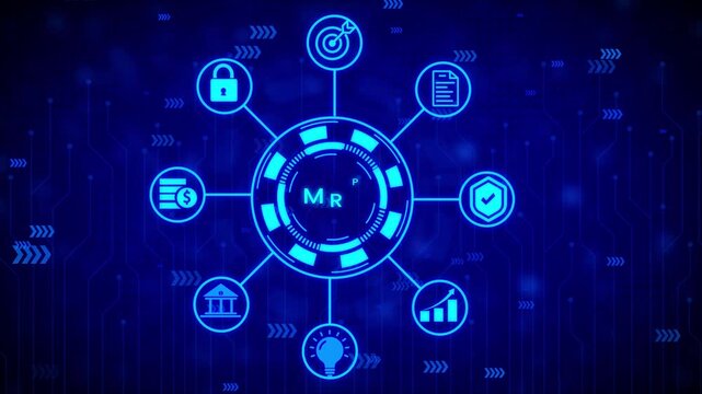 Futuristic digital interface with glowing cyan circuit board patterns and central hub displaying target and document against a dark blue background with subtle light effects and repeating arrow motifs