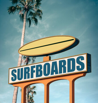 Aged retro surfboards sign with palm trees