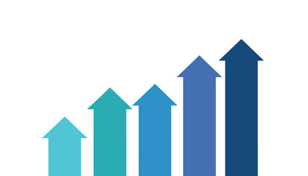 Business growth bar chart represented by five blue upward arrows of increasing height on white background.