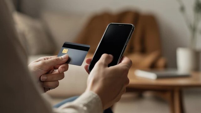 Person making a seamless digital payment on smartphone using credit card for secure mobile transactions