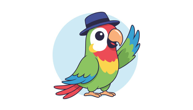 Cute cartoon parrot character wearing blue hat waving its wing friendly on soft circular background.
