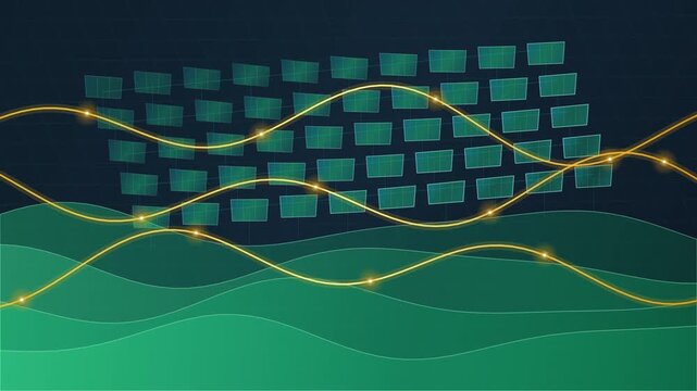 Abstract Digital Network Animation with Glowing Wave Lines and Panels