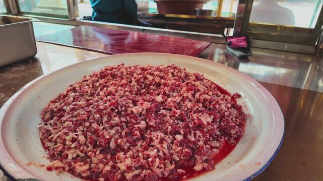 Large Enamel Tray Filled with Minced Mutton for Uyghur Baked Buns